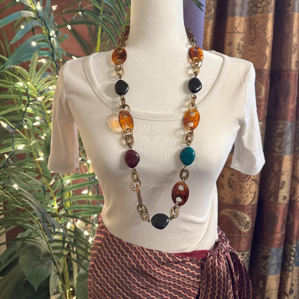 Extra Long Interlocking Chain Necklace with Acrylic and Faux Turquoise Beads